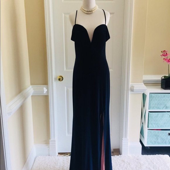 Dark Navy Off the Shoulder Side Slit Formal Dress - Picture 3 of 13